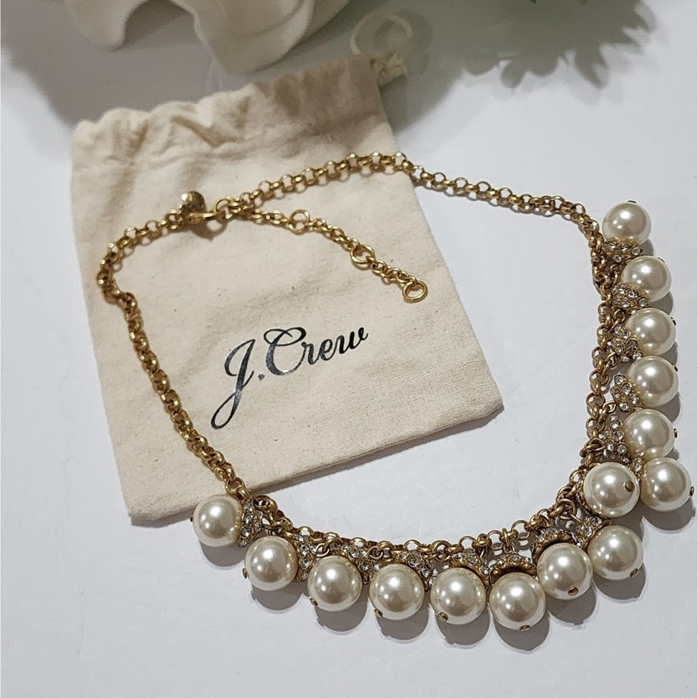 J. Crew gold tone jeweled and faux pearl bibb, choker, collar statement necklace